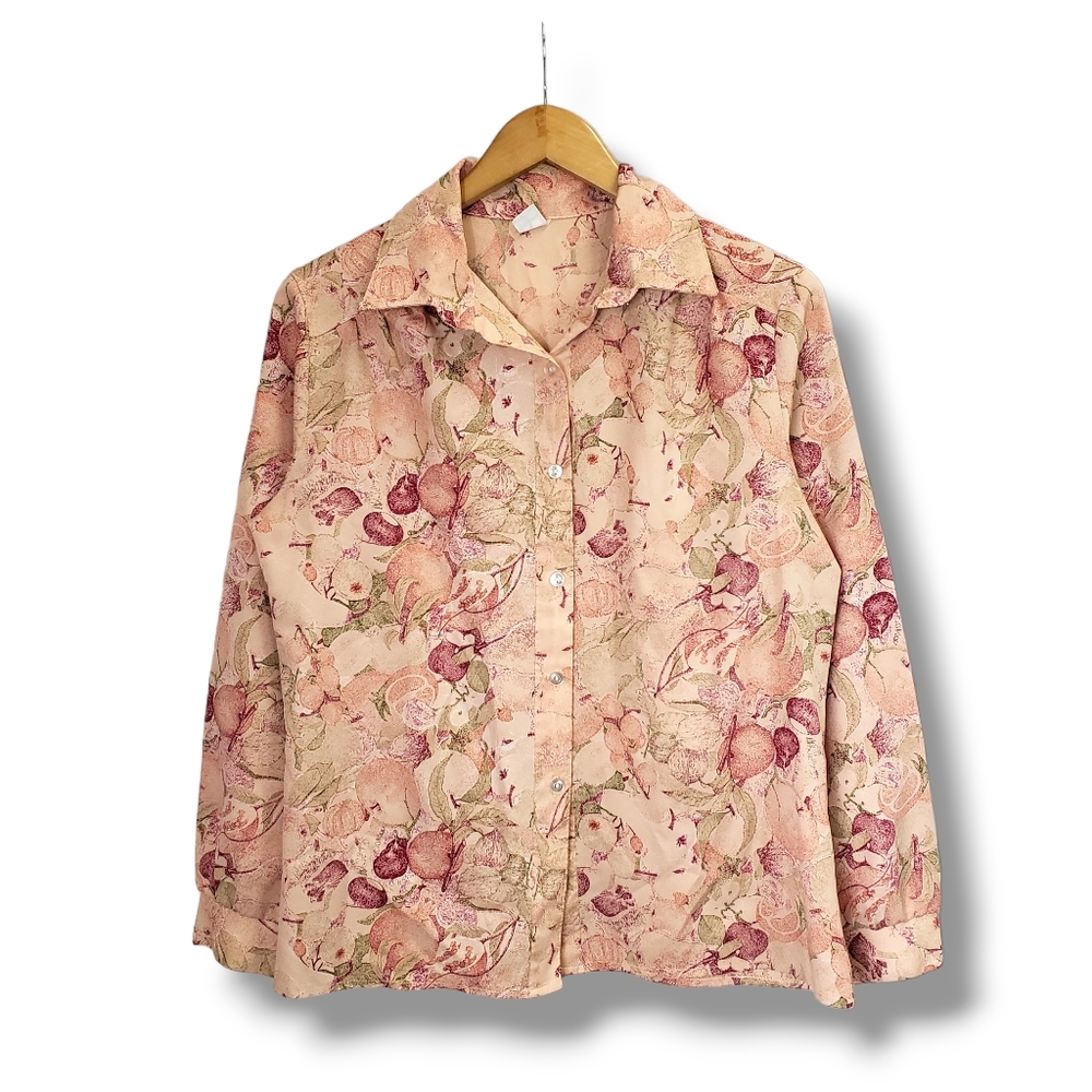 Vintage Peach Cadisport Fruit Patterned Button-up Top Size Large*